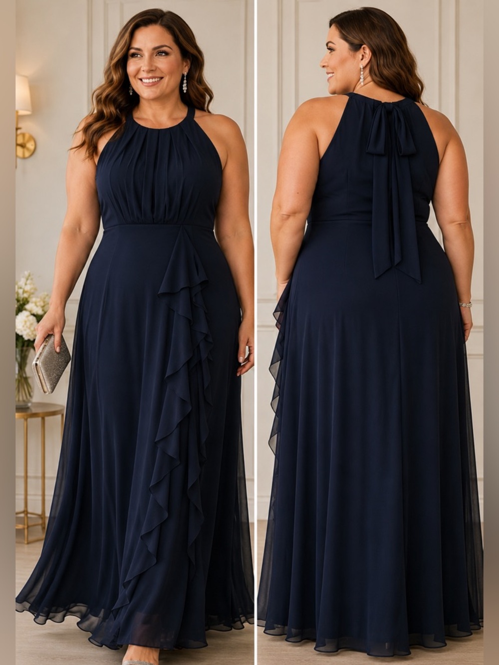 DJ Jaz Navy Chiffon Evening Gown Size 14 NWT Formal Ruffle Maxi Dress